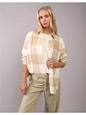 Aerie Oversized Plaid Flannel Shirt Tan Cream Women’s Size M Button Up Cozy Casu